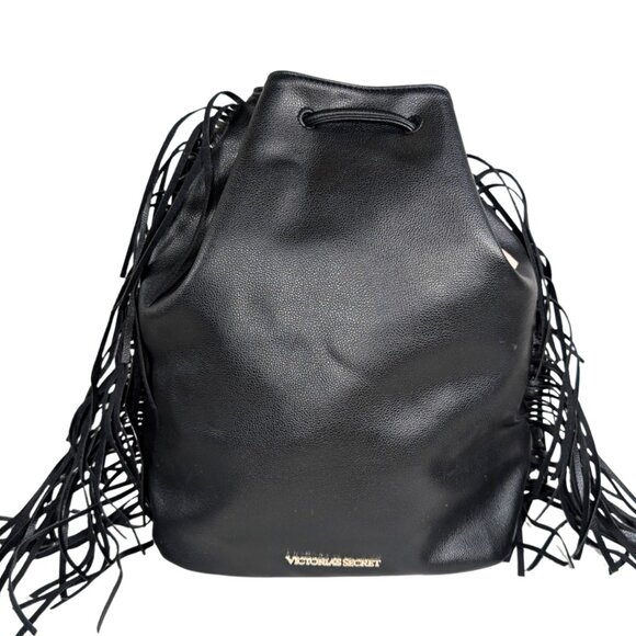 Victoria Secret NWT Black Faux Leather Drawstring Bucket Bag Backpack Tassels - Picture 1 of 7